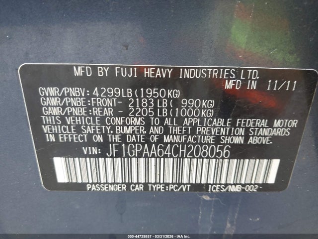 Aukcja sprzedaży 2012 Subaru Impreza 2.0i, vin: JF1GPAA64CH208056, numer aukcji: 44729857