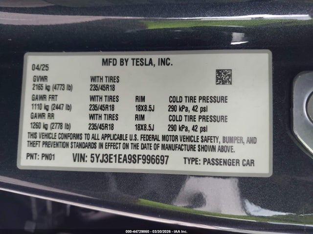 5YJ3E1EA9SF996697 Tesla Model 3 Long Range Rear-wheel Drive/standard Rear-wheel Drive