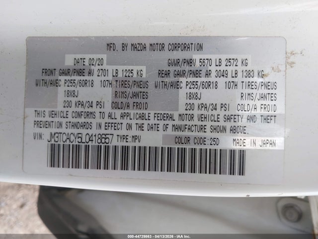 Продаж на аукціоні авто 2020 Mazda Cx-9 Touring, vin: JM3TCACY5L0418657, номер лоту: 44729863