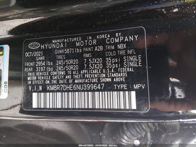 2022 Hyundai Palisade Calligraphy მანქანა იყიდება აუქციონზე, vin: KM8R7DHE6NU399647, აუქციონის ნომერი: 44729882