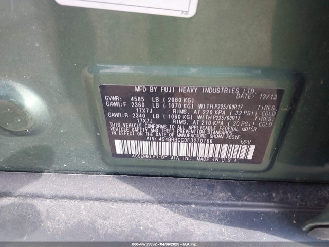 44729892 :رقم المزاد ، 4S4BRBCC0E3270766 vin ، 2014 Subaru Outback 2.5i Premium مزاد بيع