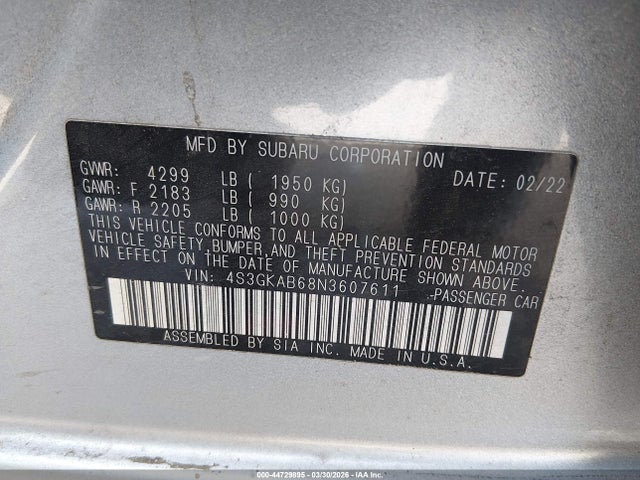 2022 Subaru Impreza Base მანქანა იყიდება აუქციონზე, vin: 4S3GKAB68N3607611, აუქციონის ნომერი: 44729895