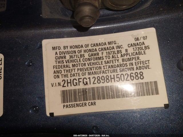 44729920 :رقم المزاد ، 2HGFG12898H502688 vin ، 2008 Honda Civic Ex مزاد بيع