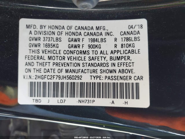 Honda CIVIC EX 2018 2HGFC2F79JH560292 Image 9