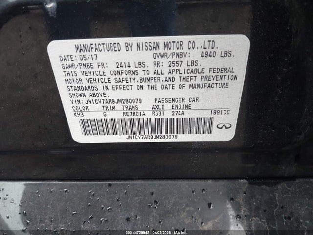 44729942 :رقم المزاد ، JN1CV7AR9JM280079 vin ، 2018 Infiniti Q50 2.0t Luxe مزاد بيع