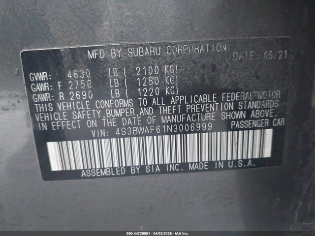 Aukcja sprzedaży 2022 Subaru Legacy Premium, vin: 4S3BWAF61N3006999, numer aukcji: 44729951
