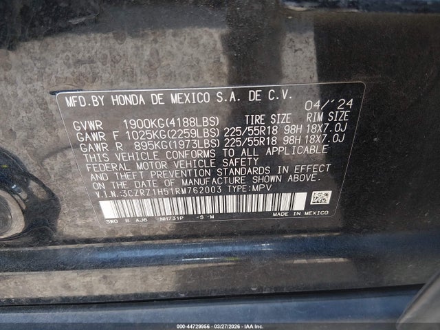 2024 Honda Hr-v 2wd Sport/2wd Sport W/o Bsi მანქანა იყიდება აუქციონზე, vin: 3CZRZ1H51RM762003, აუქციონის ნომერი: 44729956