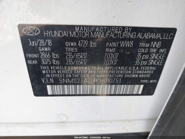 Продажа на аукционе авто 2019 Hyundai Santa Fe Se, vin: 5NMS23AD4KH010751, номер лота: 44729961