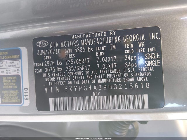 5XYPG4A39HG215618 KIA Sorento 2.4l Lx