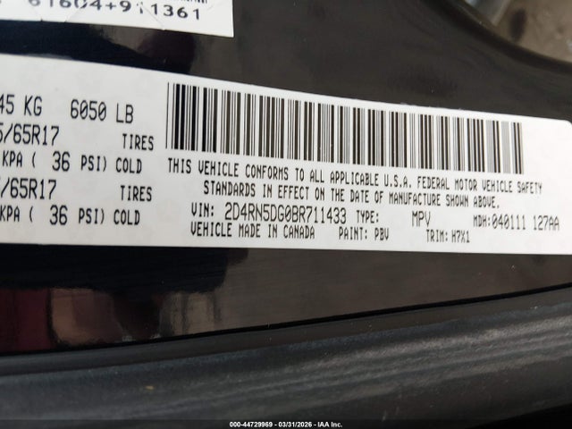 Aukcja sprzedaży 2011 Dodge Grand Caravan Crew, vin: 2D4RN5DG0BR711433, numer aukcji: 44729969