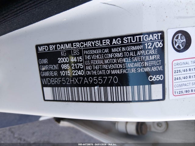 2007 Mercedes-benz C 230 Sport მანქანა იყიდება აუქციონზე, vin: WDBRF52HX7A955770, აუქციონის ნომერი: 44729976