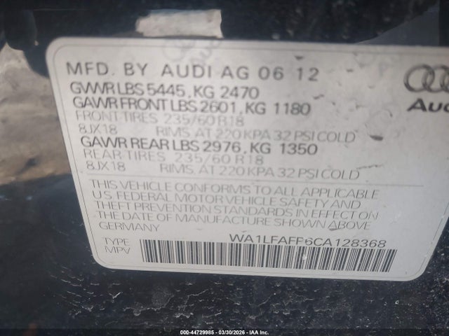 Aukcja sprzedaży 2012 Audi Q5 2.0t Premium, vin: WA1LFAFP6CA128368, numer aukcji: 44729985
