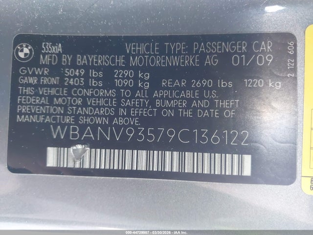 44729987 :رقم المزاد ، WBANV93579C136122 vin ، 2009 Bmw 535i Xdrive مزاد بيع