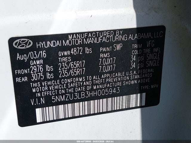 Продаж на аукціоні авто 2017 Hyundai Santa Fe Sport 2.4l, vin: 5NMZU3LB3HH005943, номер лоту: 44729998