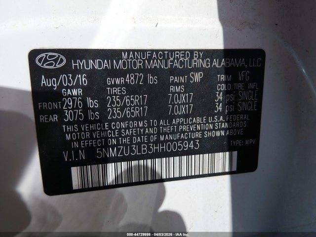 Продаж на аукціоні авто 2017 Hyundai Santa Fe Sport 2.4l, vin: 5NMZU3LB3HH005943, номер лоту: 44729998