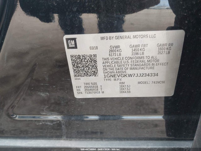 1GNEVGKW7JJ234334 Chevrolet Traverse 1lt