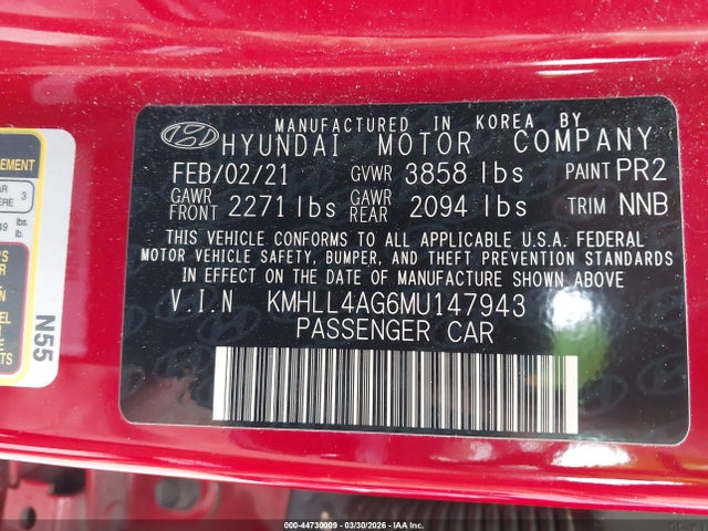 KMHLL4AG6MU147943 Hyundai ELANTRA SE