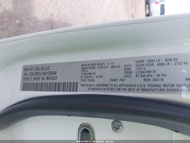 Aukcja sprzedaży 2022 Ram 2500 Tradesman  4x4 6'4 Box, vin: 3C6UR5CL1NG130244, numer aukcji: 44730015