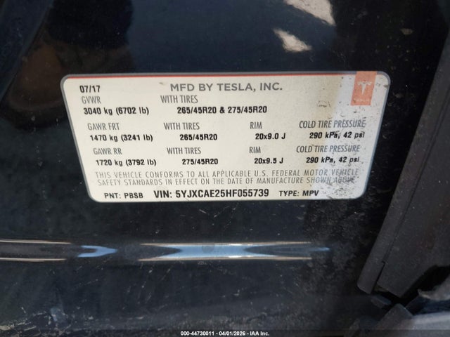 Продаж на аукціоні авто 2017 Tesla Model X 100d/75d/90d, vin: 5YJXCAE25HF055739, номер лоту: 44730011