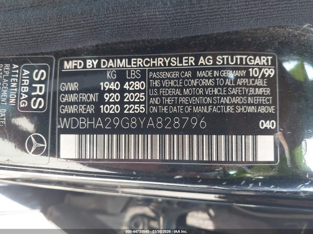 Aukcja sprzedaży 2000 Mercedes-benz C 280, vin: WDBHA29G8YA828796, numer aukcji: 44730040