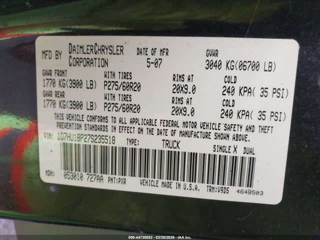 Продажа на аукционе авто 2007 Dodge Ram 1500 Slt/trx4 Off Road/sport, vin: 1D7HU18P27S235518, номер лота: 44730052