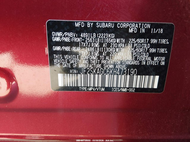 Aukcja sprzedaży 2019 Subaru Forester Premium, vin: JF2SKAGC6KH473190, numer aukcji: 44730055