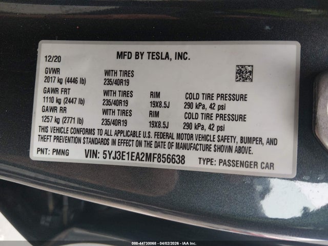 Aukcja sprzedaży 2021 Tesla Model 3 Standard Range Plus Rear-wheel Drive, vin: 5YJ3E1EA2MF856638, numer aukcji: 44730068