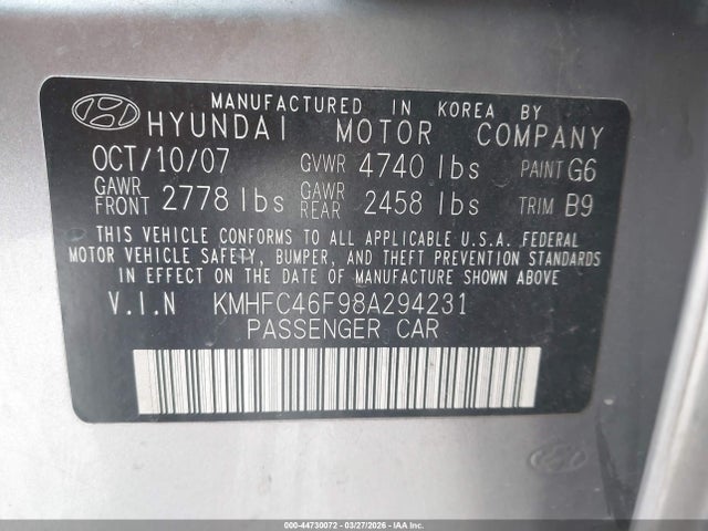 Auction sale of the 2008 Hyundai Azera Limited, vin: KMHFC46F98A294231, lot number: 44730072