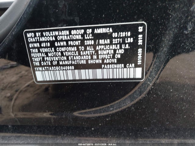 44730076 :رقم المزاد ، 1VWAT7A32GC040969 vin ، 2016 Volkswagen Passat 1.8t S مزاد بيع