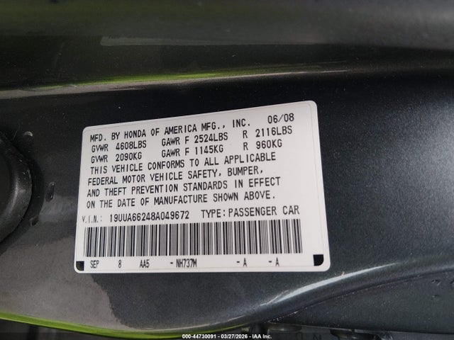 44730091 :رقم المزاد ، 19UUA66248A049672 vin ، 2008 Acura Tl 3.2 مزاد بيع