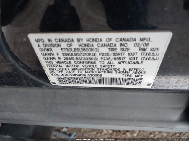 Продаж на аукціоні авто 2006 Acura Mdx, vin: 2HNYD18966H526289, номер лоту: 44730096