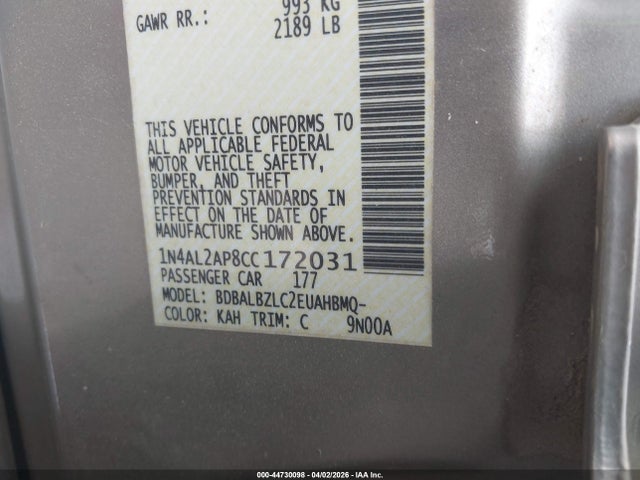 2012 Nissan Altima 2.5 S მანქანა იყიდება აუქციონზე, vin: 1N4AL2AP8CC172031, აუქციონის ნომერი: 44730098