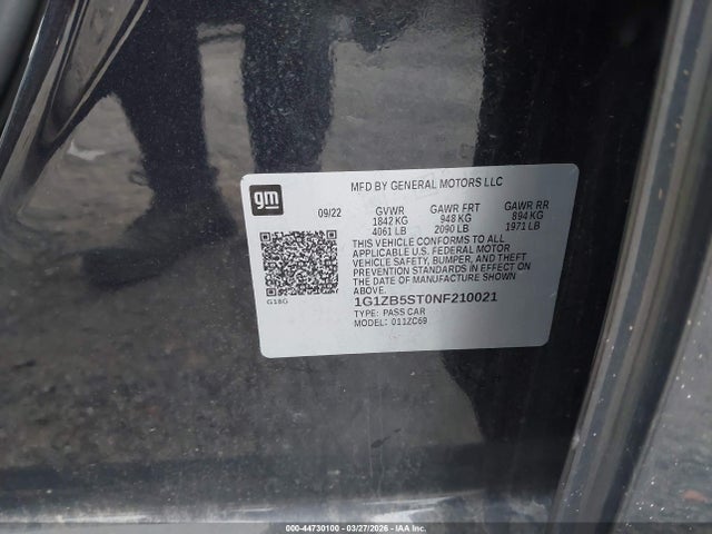 44730100 :رقم المزاد ، 1G1ZB5ST0NF210021 vin ، 2022 Chevrolet Malibu Fwd Ls مزاد بيع