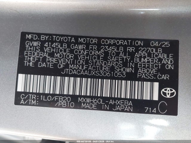 Aukcja sprzedaży 2025 Toyota Prius Le, vin: JTDACAAUXS3061053, numer aukcji: 44730108