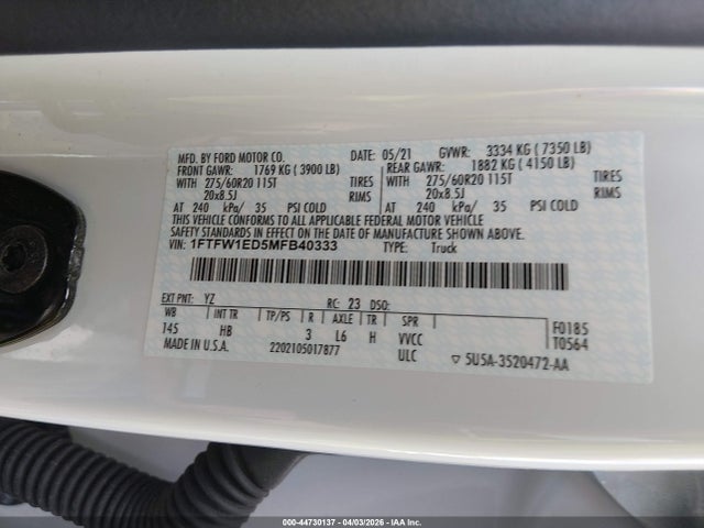 Ford F-150 Lariat 2021 1FTFW1ED5MFB40333 Image 9