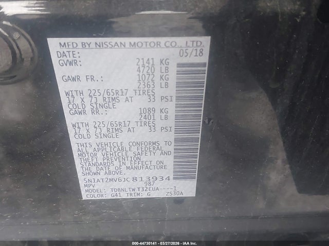 2018 Nissan Rogue Sv მანქანა იყიდება აუქციონზე, vin: 5N1AT2MV6JC813934, აუქციონის ნომერი: 44730141