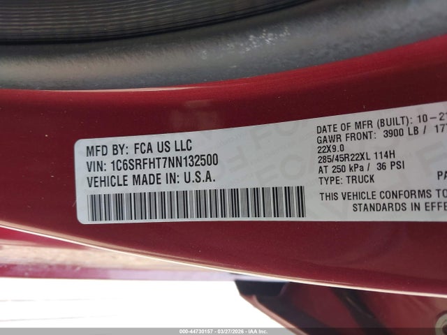 Auction sale of the 2022 Ram 1500 Limited  4x4 5'7 Box, vin: 1C6SRFHT7NN132500, lot number: 44730157
