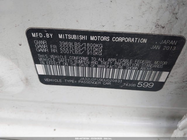 44730164 :رقم المزاد ، JA32U2FU9DU020831 vin ، 2013 Mitsubishi Lancer Es مزاد بيع