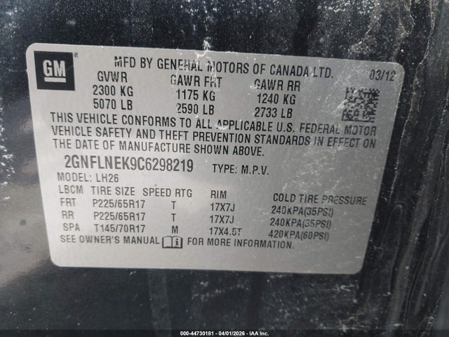 Продаж на аукціоні авто 2012 Chevrolet Equinox 2lt, vin: 2GNFLNEK9C6298219, номер лоту: 44730181
