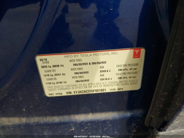 Продаж на аукціоні авто 2016 Tesla Model X, vin: 5YJXCAE22GF001801, номер лоту: 44730187