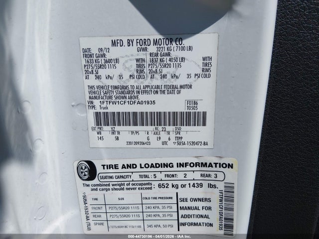 44730196 :رقم المزاد ، 1FTFW1CF1DFA01935 vin ، 2013 Ford F-150 Fx2 مزاد بيع