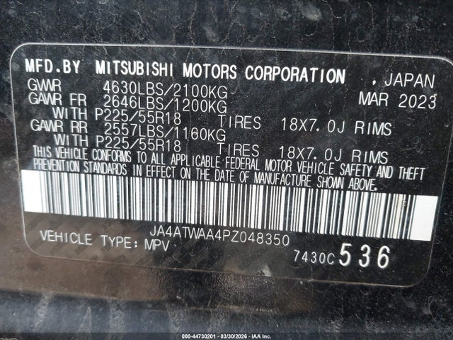 Продаж на аукціоні авто 2023 Mitsubishi Eclipse Cross Se S-awc/sel S-awc, vin: JA4ATWAA4PZ048350, номер лоту: 44730201