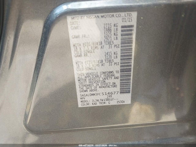 44730220 :رقم المزاد ، 5N1AL0MM3FC514677 vin ، 2015 Infiniti Qx60 مزاد بيع