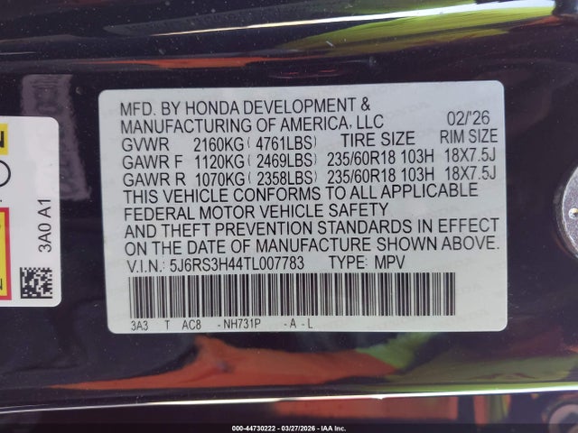 Aukcja sprzedaży 2026 Honda Cr-v Ex 2wd, vin: 5J6RS3H44TL007783, numer aukcji: 44730222