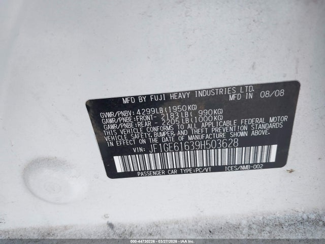 Aukcja sprzedaży 2009 Subaru Impreza 2.5i, vin: JF1GE61639H503628, numer aukcji: 44730226