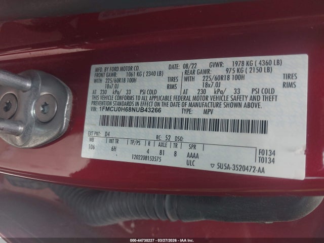 Продажа на аукционе авто 2022 Ford Escape Sel, vin: 1FMCU0H68NUB43266, номер лота: 44730227