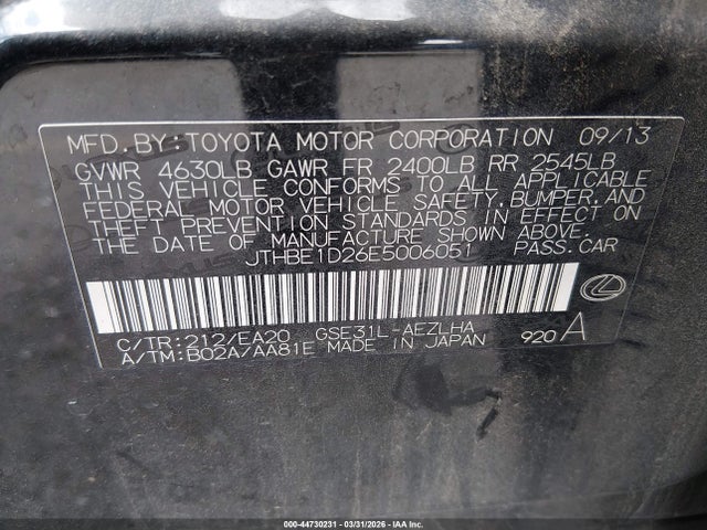 2014 Lexus Is 350 მანქანა იყიდება აუქციონზე, vin: JTHBE1D26E5006051, აუქციონის ნომერი: 44730231