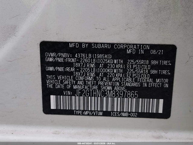 Aukcja sprzedaży 2021 Subaru Crosstrek Limited, vin: JF2GTHNC3M8397865, numer aukcji: 44730241