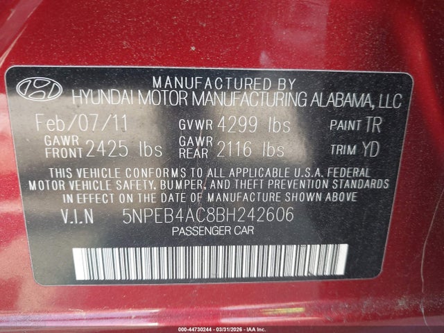 2011 Hyundai Sonata Gls მანქანა იყიდება აუქციონზე, vin: 5NPEB4AC8BH242606, აუქციონის ნომერი: 44730244
