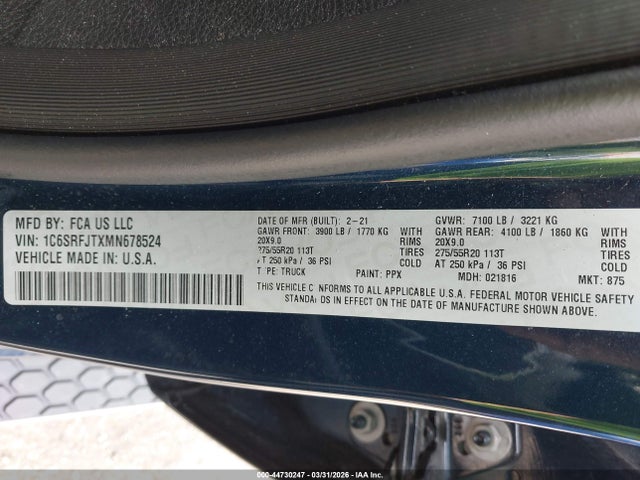 Продажа на аукционе авто 2021 Ram 1500 Laramie  4x4 5'7 Box, vin: 1C6SRFJTXMN678524, номер лота: 44730247